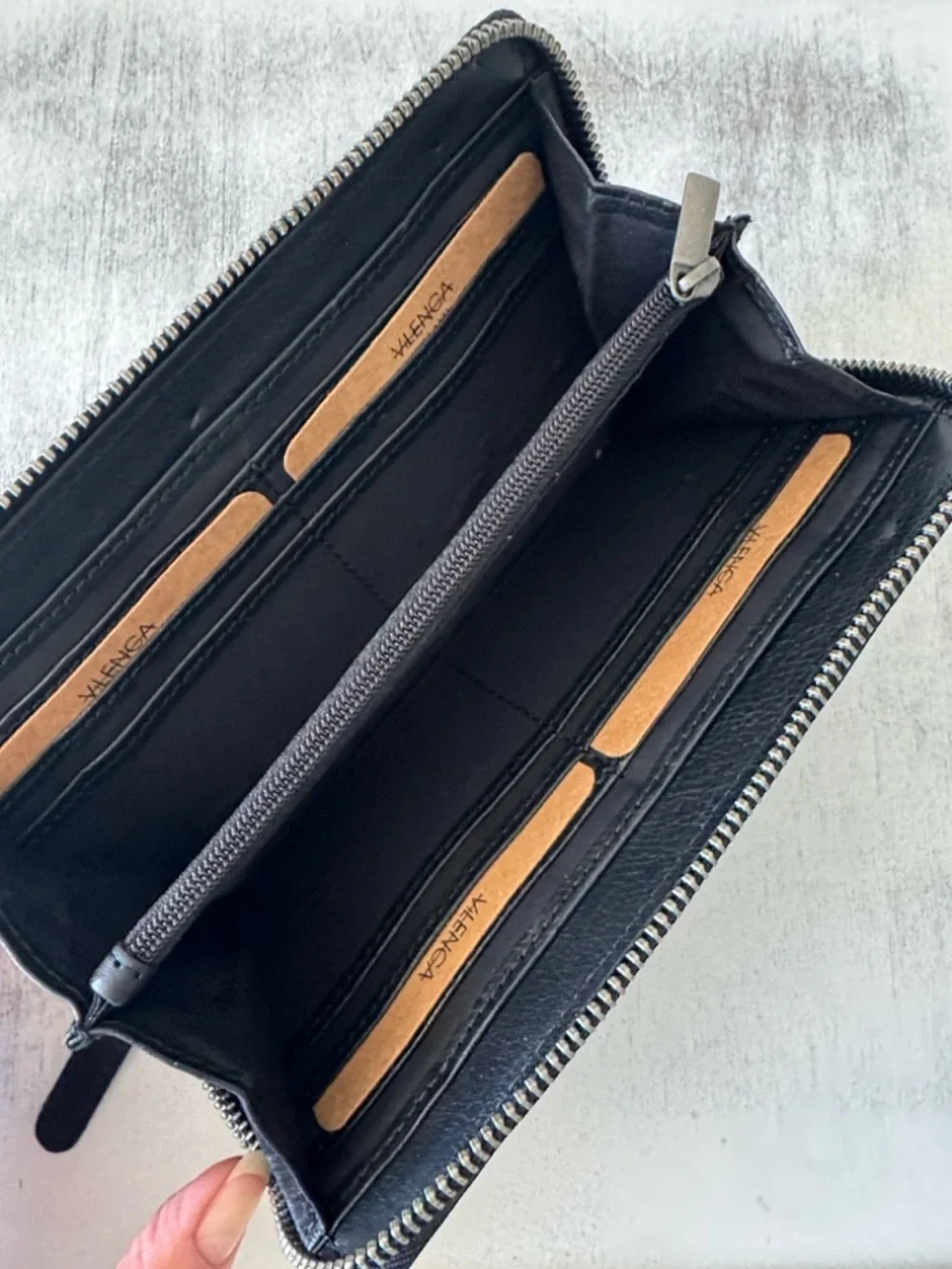 Vilenca Holland Leather Large Zip Around Peacock Stitch Wallet Black